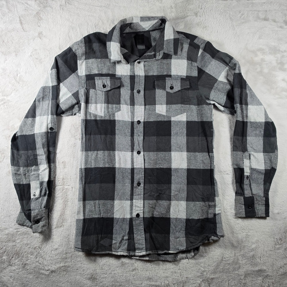 Burnside Flannel Shirt Mens S Grey‎ Black Buffalo Plaid Button Up Long Sleeve